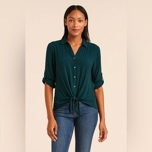 Ella Moss Button Down Tie Front Blouse Dark Green Teal Roll Tab Sleeve Top Shirt